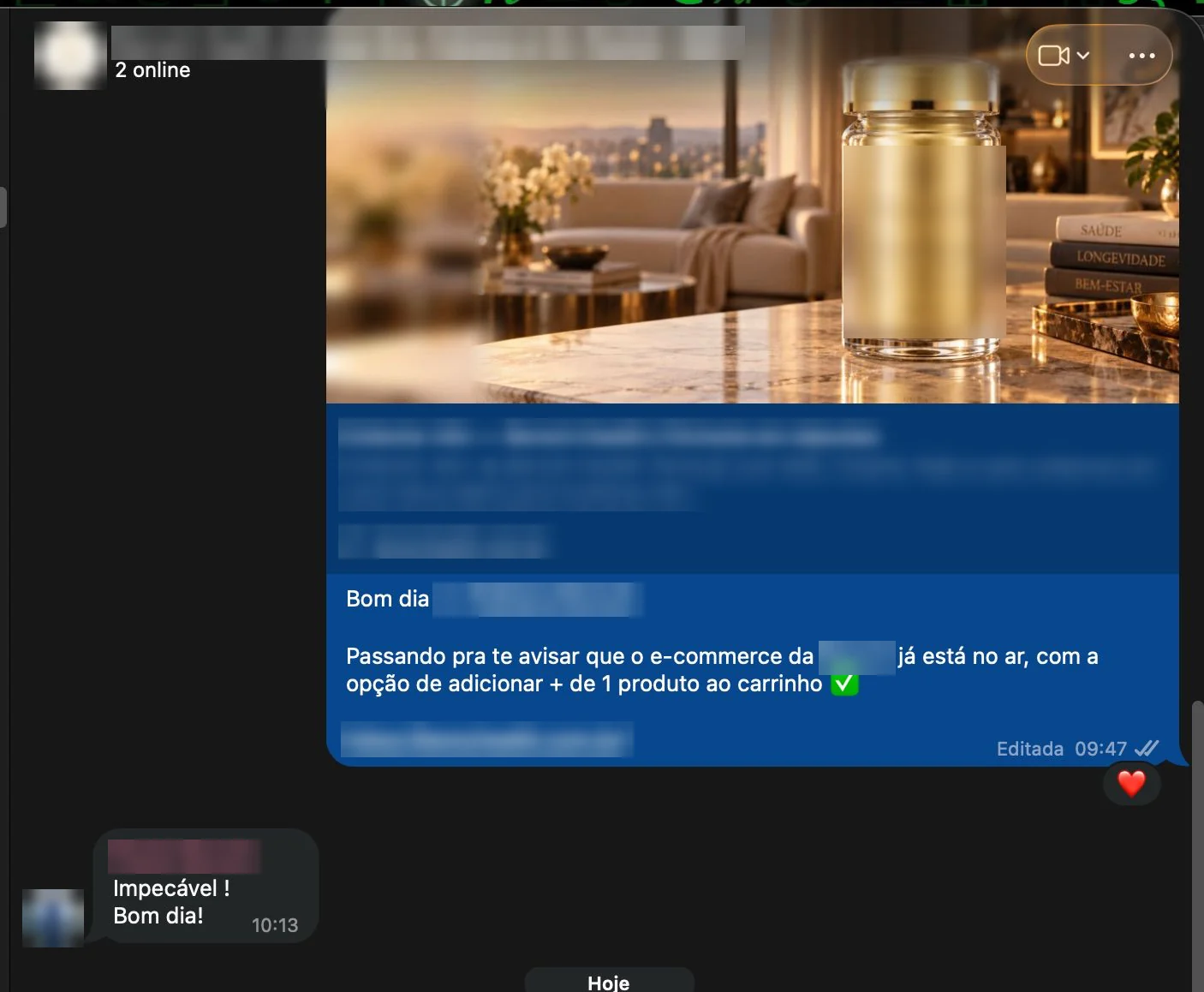 Print da conversa, com nomes e marca borrados: aviso de que o e-commerce está no ar e a resposta do cliente: Impecável! Bom dia!